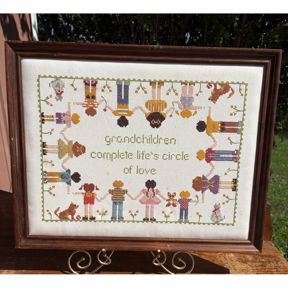 Vintage Finished Framed Cross Stitched Framed Art "Grandchildren" 20.75" X 16